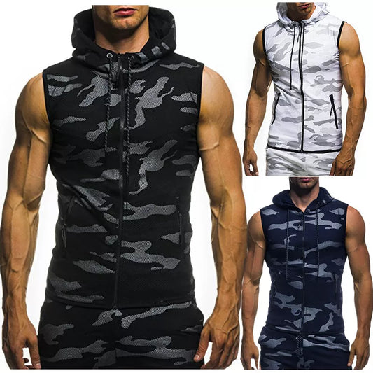 2020 New Mens Camouflage Vest Spring Summer Military Hooded Sleeveless Sweatshirt Male Fashion Brand Clothing gym zipper Running